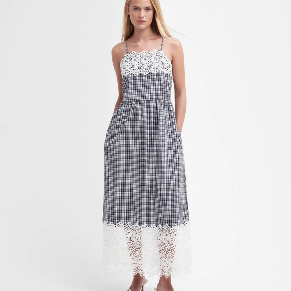 Barbour Glamis Midi Dress Navy Checkered Fabric NWT